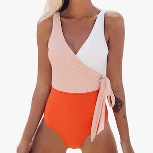 NWT womens M one piece swimsuit, wrap / colorblock